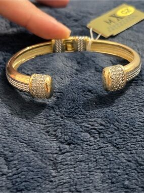 Gold-Tone Open Cuff Bracelet with Pave Crystal End Caps